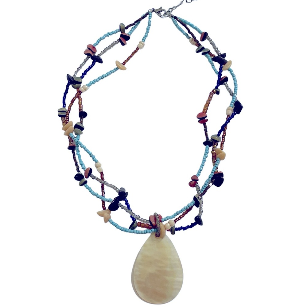 Multi Strand Color Glass Bead Abalone Pendant Necklace Boho